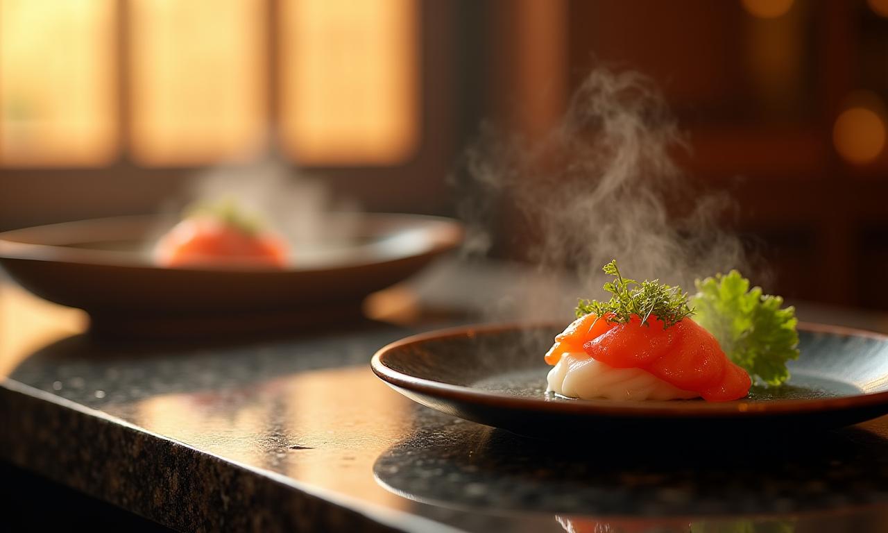 Sunazuri restaurant interior with a beautifully prepared dish on a counter